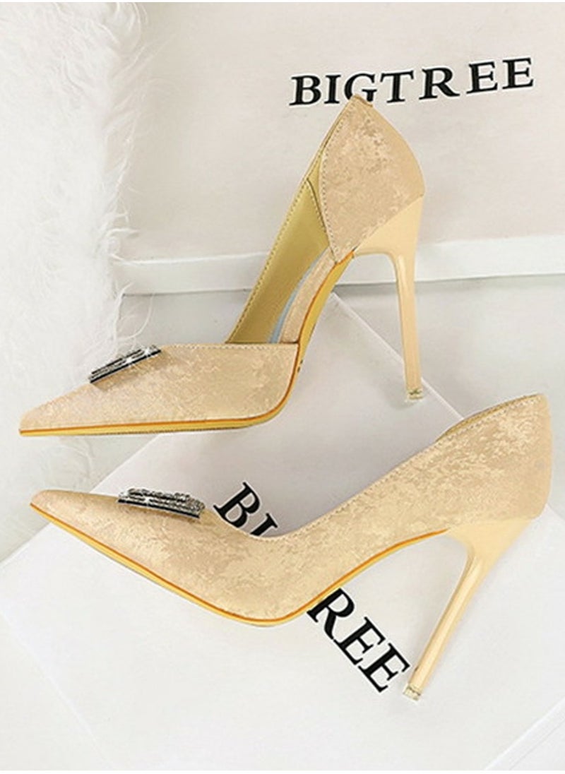 BIGTREE Women's Elegant Satin Closed Pointed Toe High Heels Rhinestone Decoration Stiletto Pumps Apricot 10.5CM  - Image 3