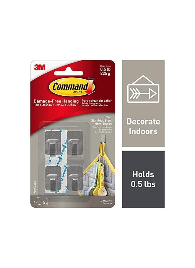 Command Command Stainless Steel Metal Small Hook Silver color, 4 hooks + 5 strips/pack | holds 225 gr. each hook | Organize | Decoration | No Tools | Holds Strongly | Damage-Free Hanging  - Image 2
