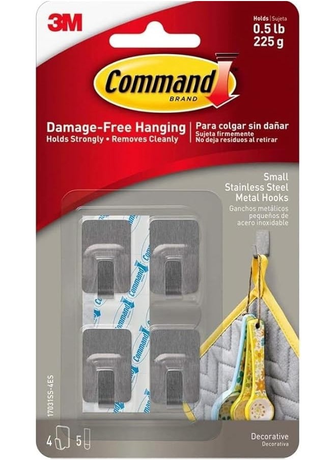 Command Command Stainless Steel Metal Small Hook Silver color, 4 hooks + 5 strips/pack | holds 225 gr. each hook | Organize | Decoration | No Tools | Holds Strongly | Damage-Free Hanging  - Image 1