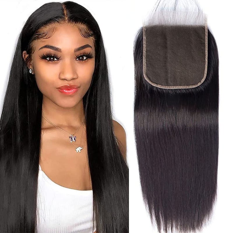DMS Brazilian Hair Closure Straight Lace Closure Human Hair 4x4 Free Part Lace Closure 100% Unprocessed Human Hair Natural Color 12A Brazilian Virginr Human Hair Top Swiss Lace Closure (14Inch)