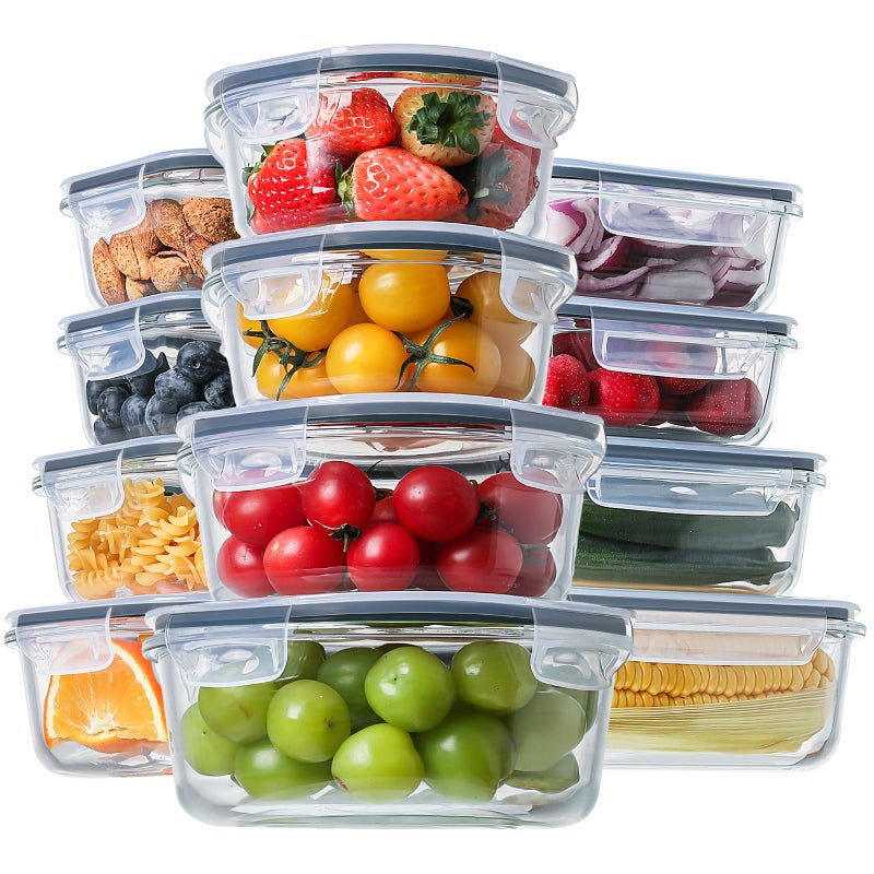 HOMBERKING 24pc Glass Food Storage Containers with Lids, Glass Meal Prep Containers, Airtight Bento Boxes, BPA Free & Leak Proof, Pantry Kitchen Storage(12 lids & 12 Containers) - Gray - Image 1