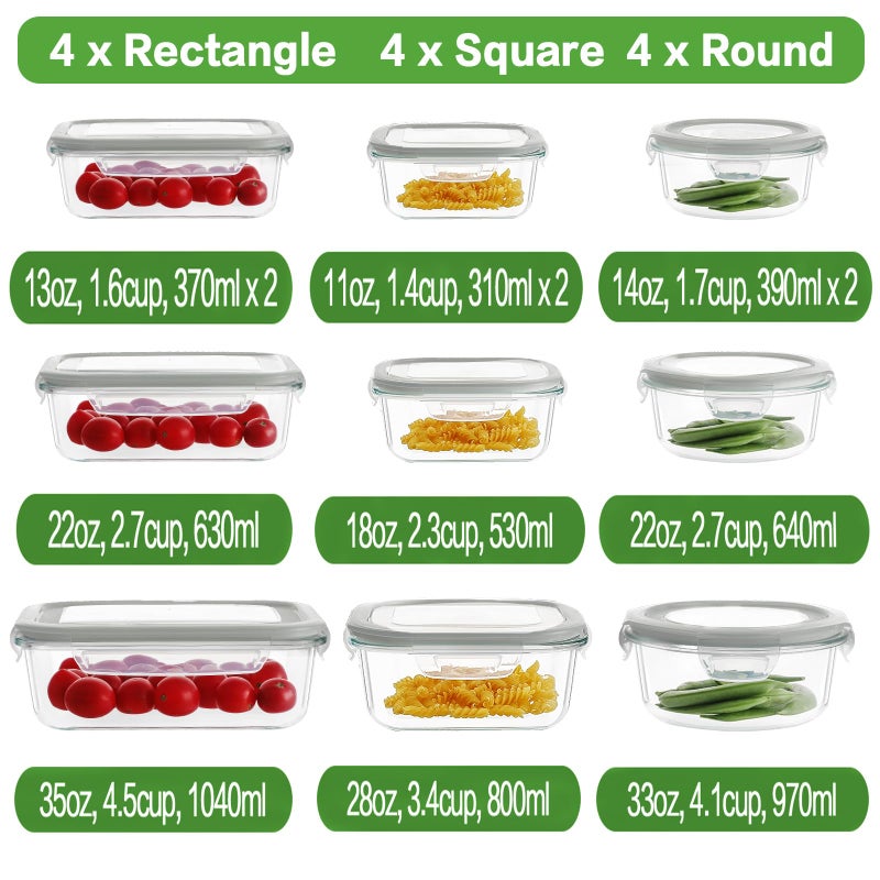 HOMBERKING 24pc Glass Food Storage Containers with Lids, Glass Meal Prep Containers, Airtight Bento Boxes, BPA Free & Leak Proof, Pantry Kitchen Storage(12 lids & 12 Containers) - Gray - Image 2