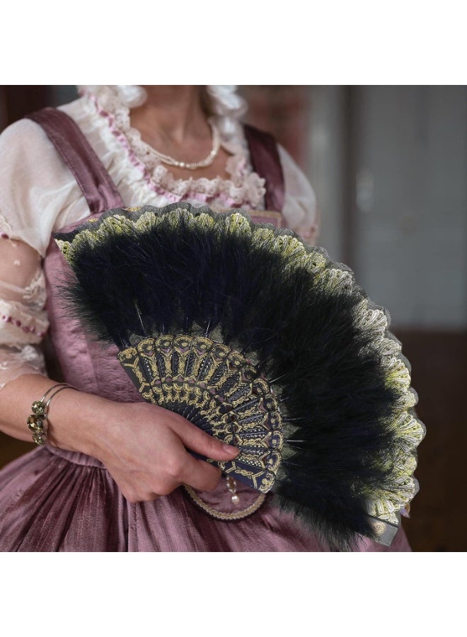 سونسر مروحة يدوية من الريش على الطراز العتيق، 2 قطعة، مروحة يدوية من مارابو فلابور مع زهرة مطرزة، أسود وأبيض - Image 4