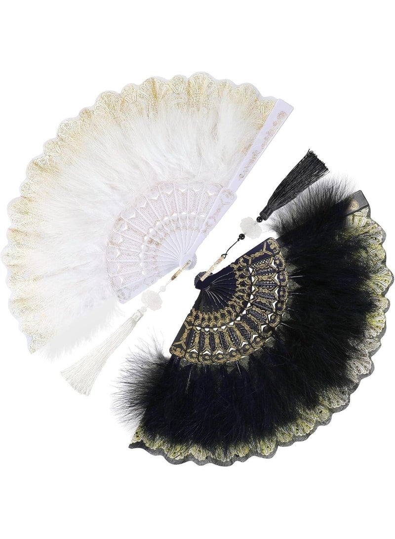 سونسر مروحة يدوية من الريش على الطراز العتيق، 2 قطعة، مروحة يدوية من مارابو فلابور مع زهرة مطرزة، أسود وأبيض - Image 1