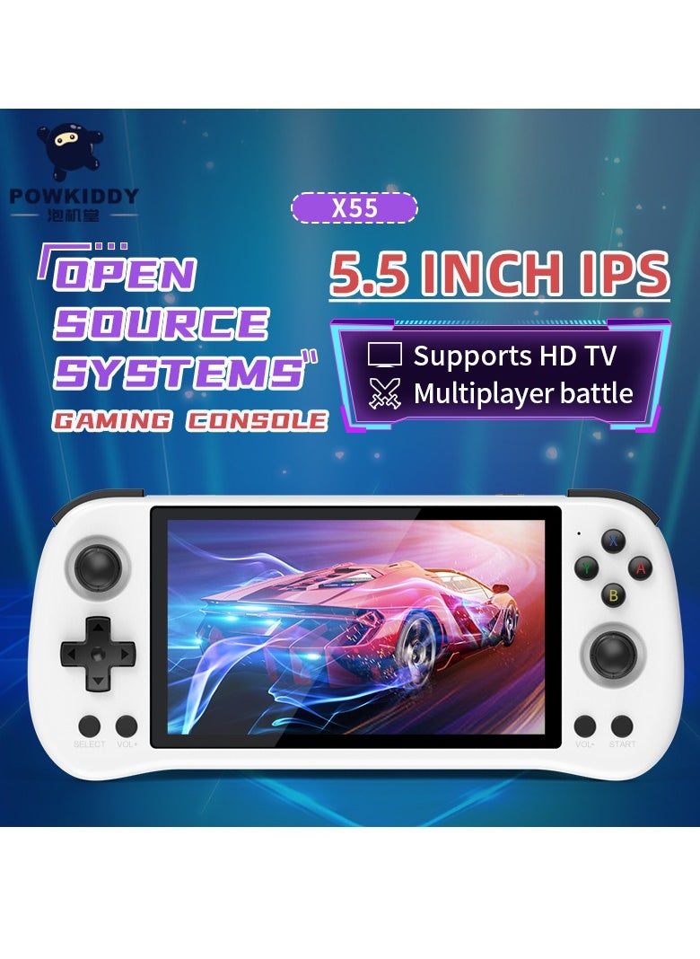 Powkiddy - X55 Handheld Game Console 5.5 inch Portable Retro Video Hand-Held Games Consoles Rechargeable RK3566 Hand Held Classic Play System 16GB+128GB (White) - Image 1