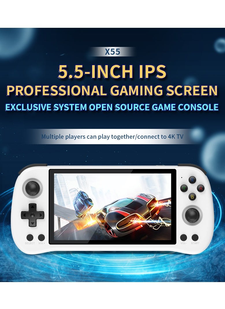 Powkiddy - X55 Handheld Game Console 5.5 inch Portable Retro Video Hand-Held Games Consoles Rechargeable RK3566 Hand Held Classic Play System 16GB+128GB (White) - Image 1