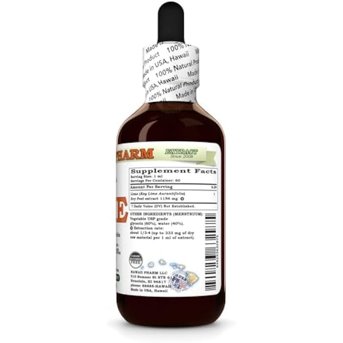 Hawaii Pharm Lime (Citrus Aurantifolia) Dry Peel Glycerite, All Natural, Vegan, Lab Tested Alcohol-Free Liquid Extract - 2 fl.oz - Image 2