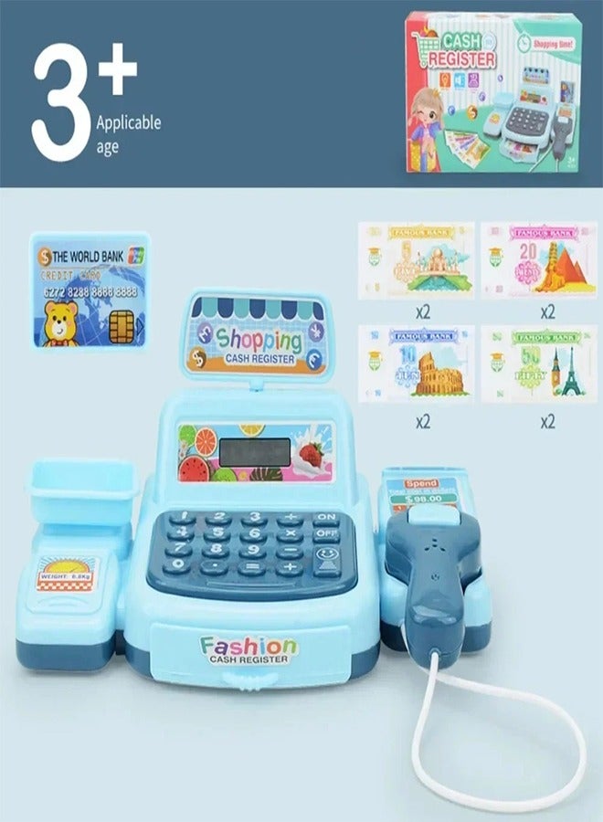 Cash Register For Kids Play Calculator Cash Register Toy Set Simulation House Play Counting Toy For Kids Toddlers Gift With Play Money (Blue)  - Image 1