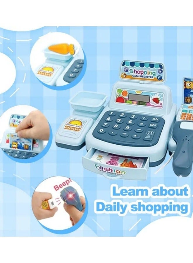 Cash Register For Kids Play Calculator Cash Register Toy Set Simulation House Play Counting Toy For Kids Toddlers Gift With Play Money (Blue)  - Image 5