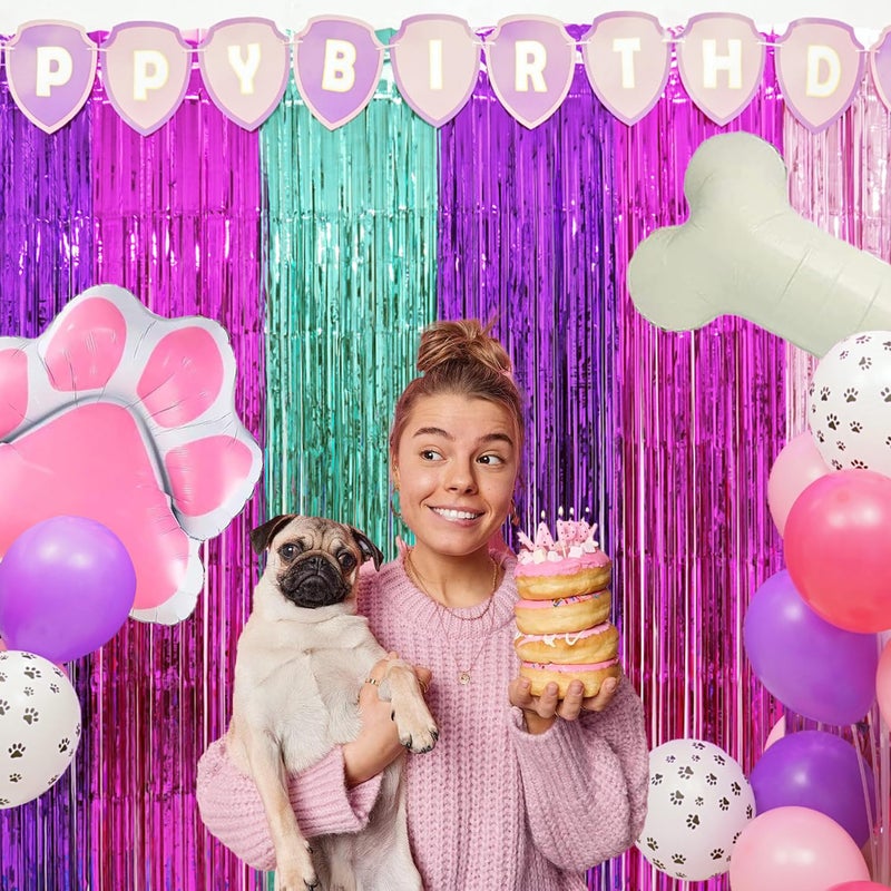 Simaya Pink Paw Puppy Patrol Birthday Decorations for Girls, 2 Pack Pink Paw Party Photo Booth Prop, Purple Pink Teal Fringe Curtains Tinsel Photo Streamers Backdrop for Paw Birthday Party Supplies for Girls - Image 4