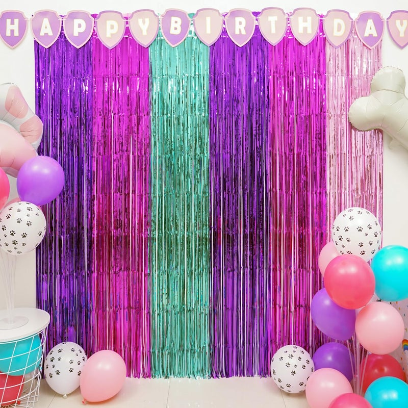 Simaya Pink Paw Puppy Patrol Birthday Decorations for Girls, 2 Pack Pink Paw Party Photo Booth Prop, Purple Pink Teal Fringe Curtains Tinsel Photo Streamers Backdrop for Paw Birthday Party Supplies for Girls - Image 2
