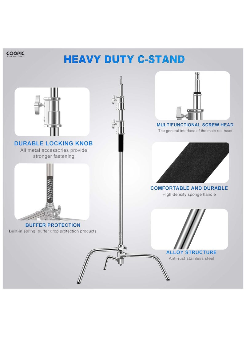 Coopic 2 Pack C Stand Stainless Steel 210cm Max height with 88cm Holding Arm and 2 pieces Grip Head for Video Reflector Mono light and Photography  - Image 3