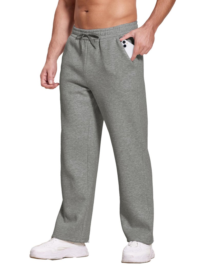 Deyeek Mens Grey Sweat Pants Thick Open Bottom Sweatpants for Men Baggy Straight Leg Joggers Winter Fleece Pants with Pockets - Image 4