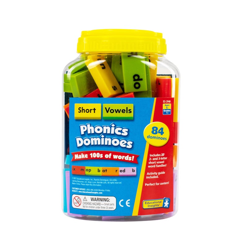 Educational Insights Phonics Dominoes â€“ Short Vowels - Manipulative for Classroom & Home, Set of 84 Dominoes in 6 Colors, Ages 6+ - Image 1