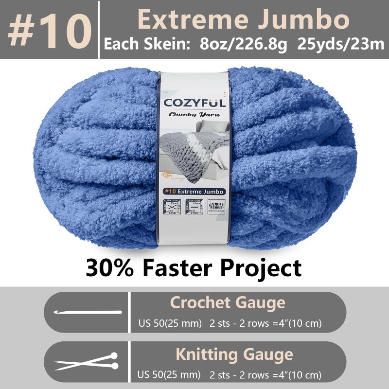 Cozyful Chunky Yarn for Hand Knitting - #10 Chunky Chenille Yarn, Jumbo Big Thick Chunky Yarns for Crocheting, Super Bulky Chunky Knit Blanket Yarns, 8 Skein (25 yds 8 oz Each Skein), Country Blue - Image 2