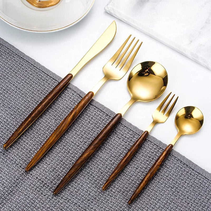 DANSR DANSR Wooden Gold Flatware Royal 5 Piece Matte Wooden Handle 1810 Stainless Steel Tableware Sets for 1 Including Forks Spoons Knives Camping Silverware Travel Utensils Set Cutlery Wooden Gold  - Image 5