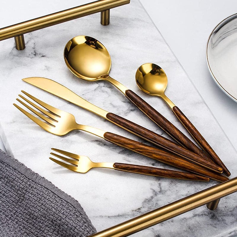 DANSR DANSR Wooden Gold Flatware Royal 5 Piece Matte Wooden Handle 1810 Stainless Steel Tableware Sets for 1 Including Forks Spoons Knives Camping Silverware Travel Utensils Set Cutlery Wooden Gold  - Image 4