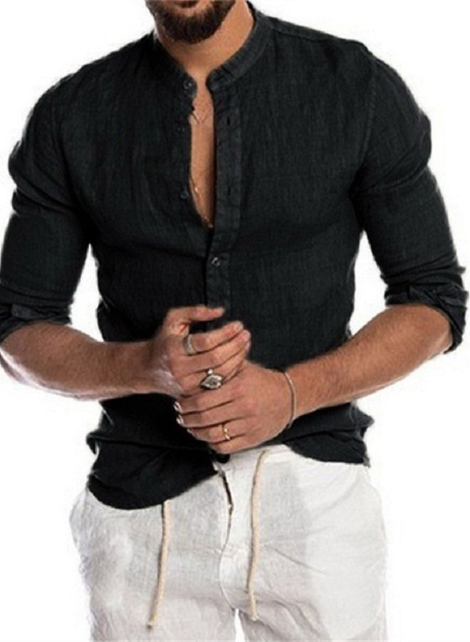 NIBEMINENT Men's Solid Linen Stand Collar Long Sleeve Shirt 