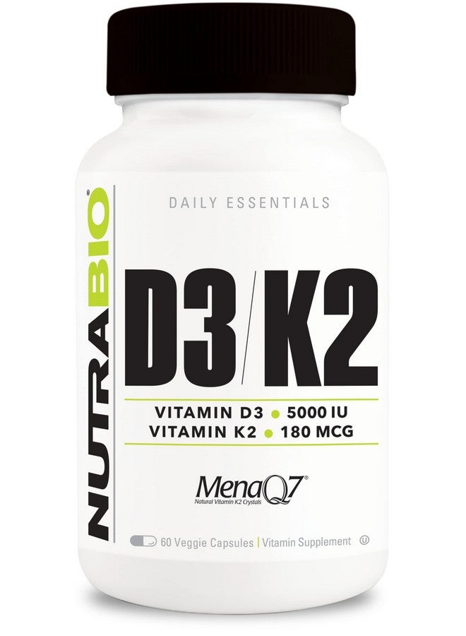 NutraBio فيتامين د3 ك2 5000 وحدة دولية د3 ككوليكالسيفيرول مع فيتامين ك2 كمنق MK7 (180 ميكروغرام) دعم صحة العظام والقلب خالي من الكائنات المعدلة وراثيًا خالي من الجلوتين خالي من اللاكتوز 60 كبسولة نباتية - Image 1