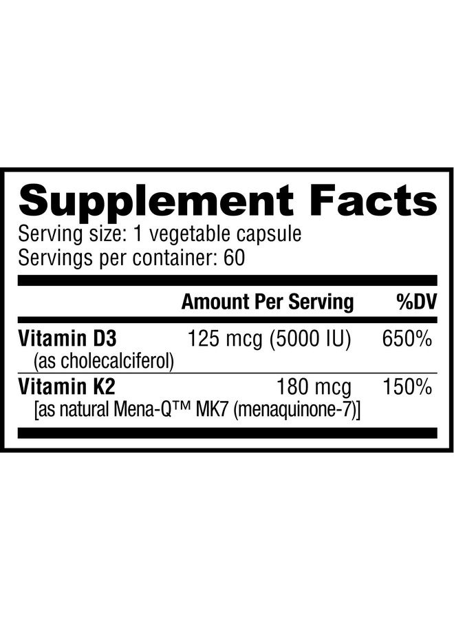 NutraBio فيتامين د3 ك2 5000 وحدة دولية د3 ككوليكالسيفيرول مع فيتامين ك2 كمنق MK7 (180 ميكروغرام) دعم صحة العظام والقلب خالي من الكائنات المعدلة وراثيًا خالي من الجلوتين خالي من اللاكتوز 60 كبسولة نباتية - Image 2