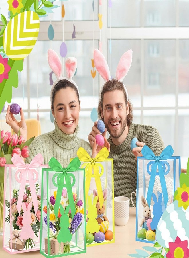 Gilprop 12 Pcs Easter Clear Plastic Gift Bags with Handles Bunny Reusable Treat Tote Goodie Bags with Ribbons for Easter Spring Birthday Party Favors Supplies Snack Candy Treat 10.2 x 7.1 x 3.2 Inch - Image 2