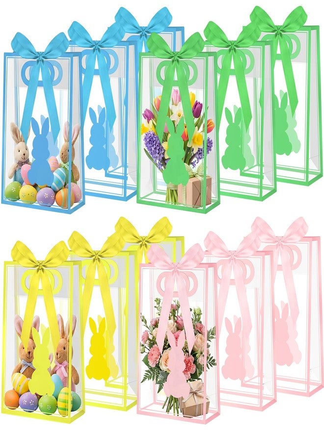 Gilprop 12 Pcs Easter Clear Plastic Gift Bags with Handles Bunny Reusable Treat Tote Goodie Bags with Ribbons for Easter Spring Birthday Party Favors Supplies Snack Candy Treat 10.2 x 7.1 x 3.2 Inch - Image 1