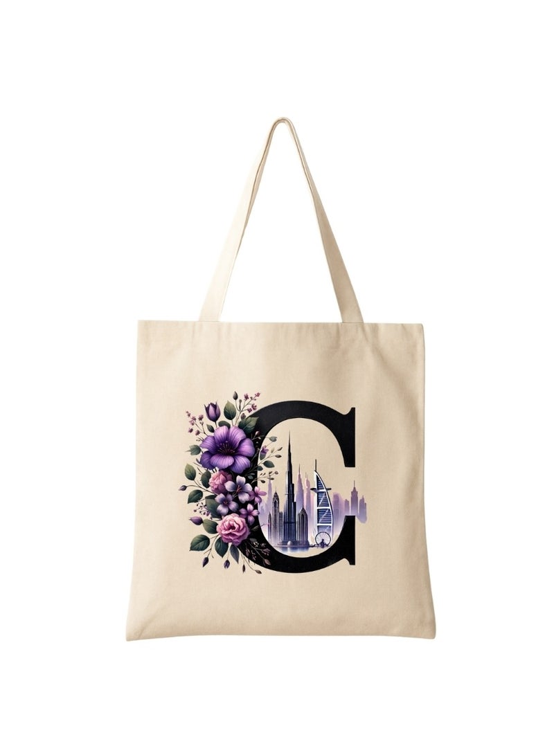 PRINTSHOP4ME Eco-Friendly Initial Tote Bag  – Canvas Shopping Bag With Floral & Dubai Skyline Print | Reusable Bridesmaid Gift,Wedding Favor,Everyday Carryall - Image 1