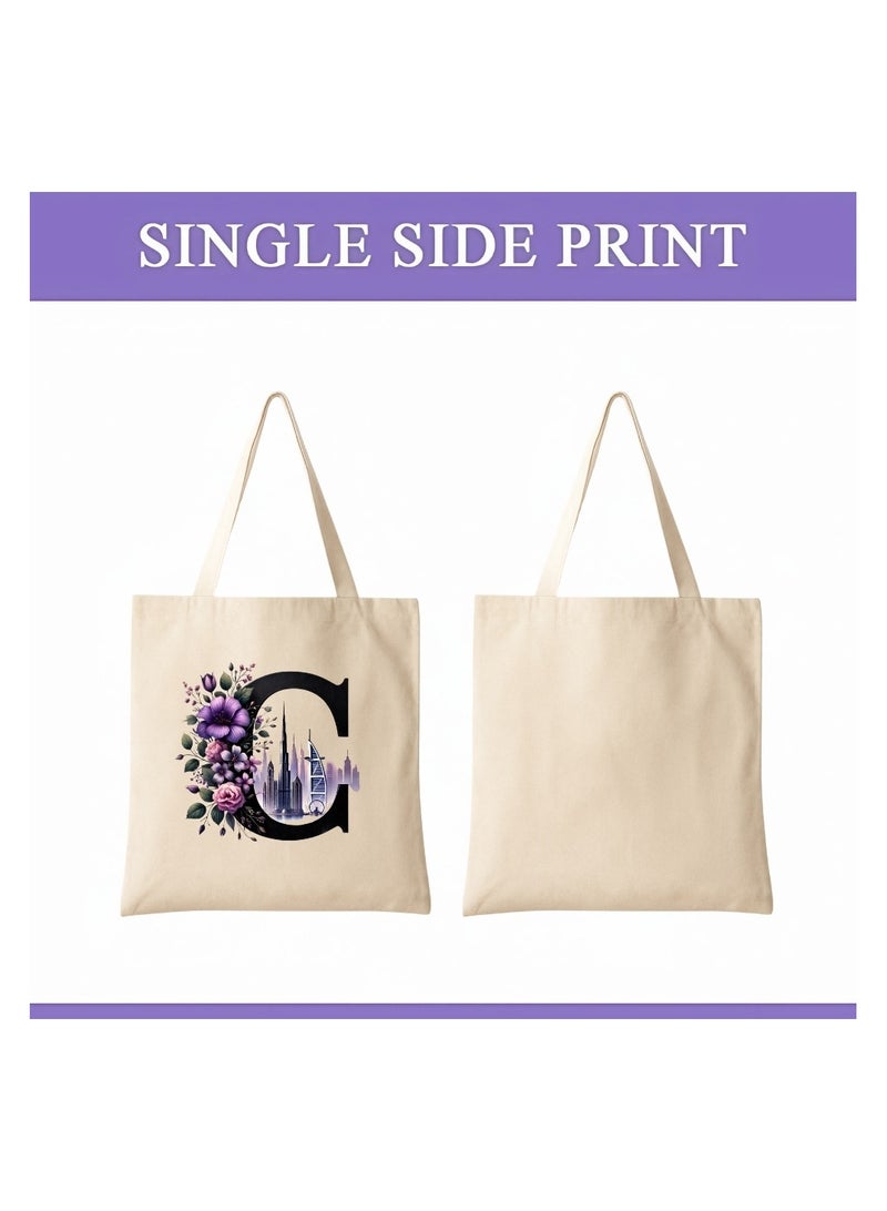 PRINTSHOP4ME Eco-Friendly Initial Tote Bag  – Canvas Shopping Bag With Floral & Dubai Skyline Print | Reusable Bridesmaid Gift,Wedding Favor,Everyday Carryall - Image 2