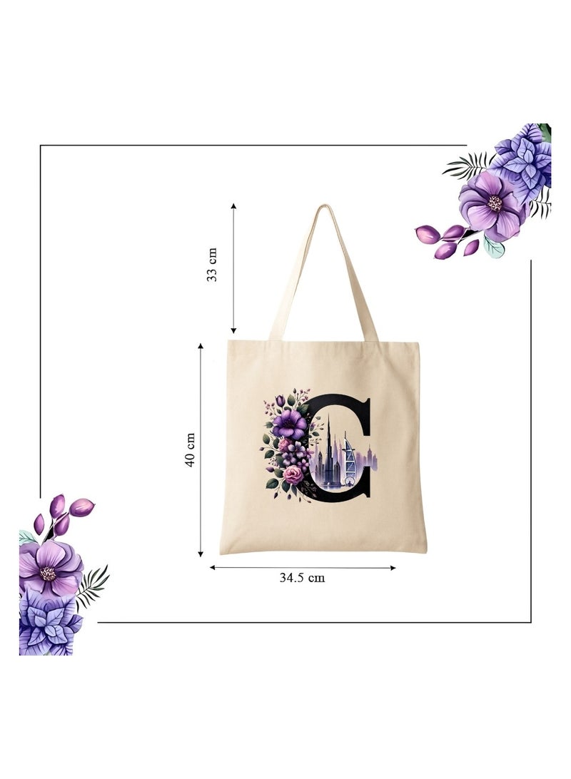 PRINTSHOP4ME Eco-Friendly Initial Tote Bag  – Canvas Shopping Bag With Floral & Dubai Skyline Print | Reusable Bridesmaid Gift,Wedding Favor,Everyday Carryall - Image 3