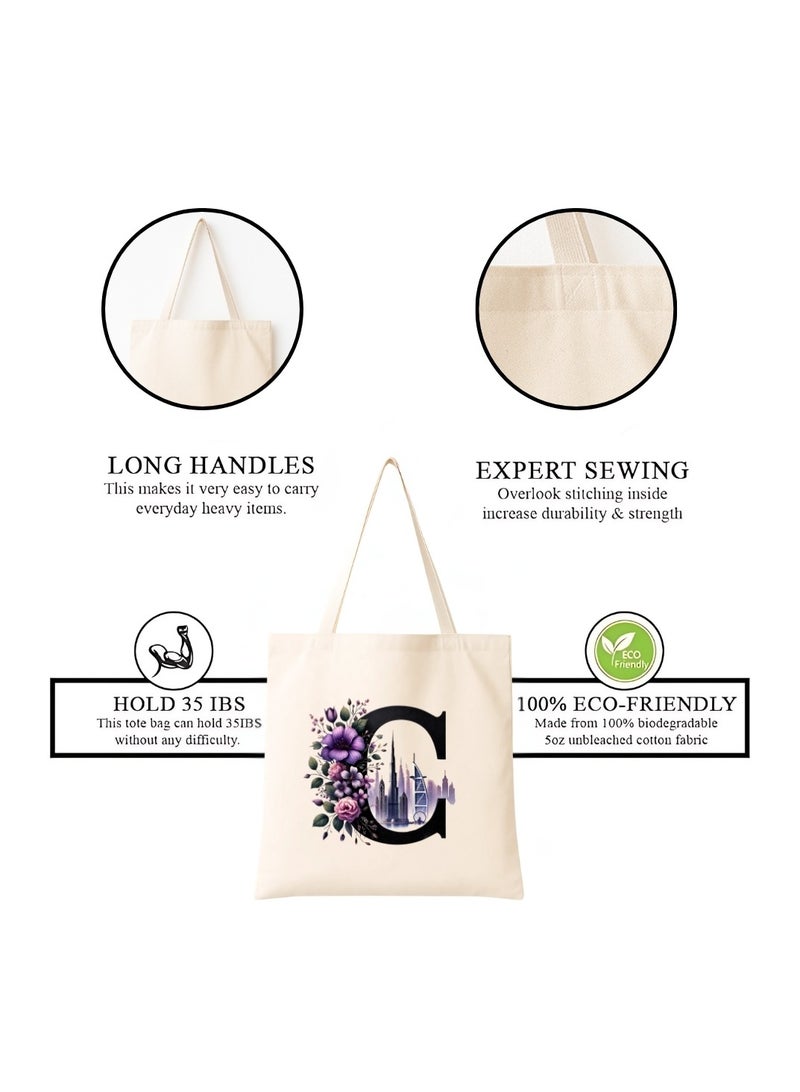 PRINTSHOP4ME Eco-Friendly Initial Tote Bag  – Canvas Shopping Bag With Floral & Dubai Skyline Print | Reusable Bridesmaid Gift,Wedding Favor,Everyday Carryall - Image 4