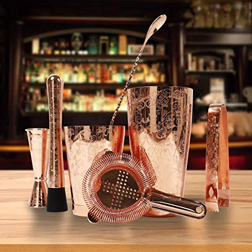 Skyfish SKY FISH Bartender Kit Cocktail Shaker Set-6 Pieces Stainless Steel Copper Plated Etching Bar Tools with Boston Shaker Tins,Mixing Spoon,Mojito Muddler,Jigger,Hawthorne Strainer,Ice Tongs - Image 5