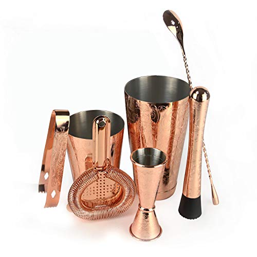 Skyfish SKY FISH Bartender Kit Cocktail Shaker Set-6 Pieces Stainless Steel Copper Plated Etching Bar Tools with Boston Shaker Tins,Mixing Spoon,Mojito Muddler,Jigger,Hawthorne Strainer,Ice Tongs - Image 2