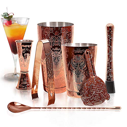 Skyfish SKY FISH Bartender Kit Cocktail Shaker Set-6 Pieces Stainless Steel Copper Plated Etching Bar Tools with Boston Shaker Tins,Mixing Spoon,Mojito Muddler,Jigger,Hawthorne Strainer,Ice Tongs - Image 1