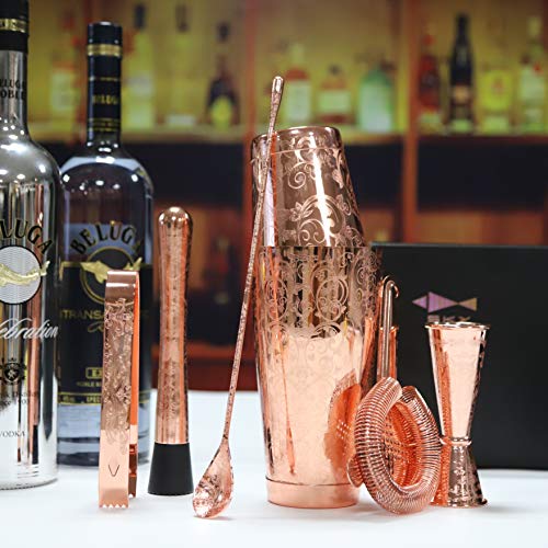 Skyfish SKY FISH Bartender Kit Cocktail Shaker Set-6 Pieces Stainless Steel Copper Plated Etching Bar Tools with Boston Shaker Tins,Mixing Spoon,Mojito Muddler,Jigger,Hawthorne Strainer,Ice Tongs - Image 4