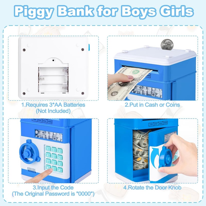 Seasonal & permanent compatible Safe Coin Bank Birthday Gift Toys for 3-12 Year Old Girl Boy, Children Fun Toys 8-12 Kids ATM Bank Machine with Bank Card Money Bank for Cash Toy Electronic Coin Banks Box for Kids Blue Spec upgraded improved quality - Image 4