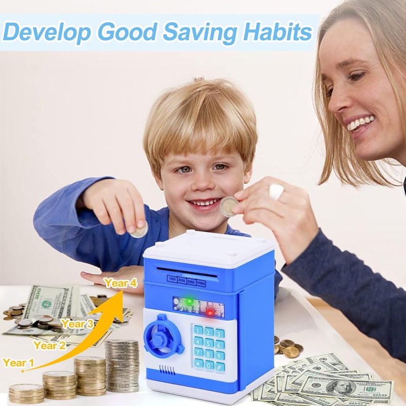 Seasonal & permanent compatible Safe Coin Bank Birthday Gift Toys for 3-12 Year Old Girl Boy, Children Fun Toys 8-12 Kids ATM Bank Machine with Bank Card Money Bank for Cash Toy Electronic Coin Banks Box for Kids Blue Spec upgraded improved quality - Image 2