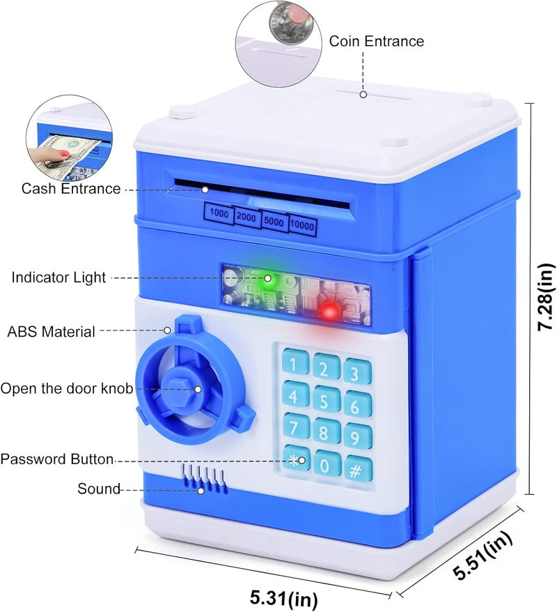 Seasonal & permanent compatible Safe Coin Bank Birthday Gift Toys for 3-12 Year Old Girl Boy, Children Fun Toys 8-12 Kids ATM Bank Machine with Bank Card Money Bank for Cash Toy Electronic Coin Banks Box for Kids Blue Spec upgraded improved quality - Image 3