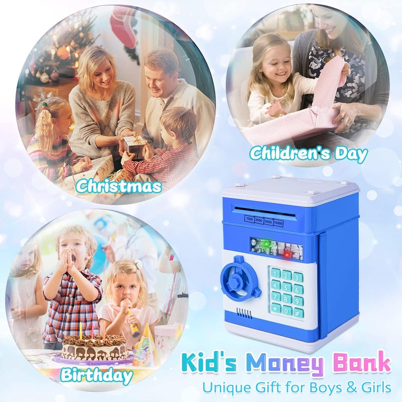 Seasonal & permanent compatible Safe Coin Bank Birthday Gift Toys for 3-12 Year Old Girl Boy, Children Fun Toys 8-12 Kids ATM Bank Machine with Bank Card Money Bank for Cash Toy Electronic Coin Banks Box for Kids Blue Spec upgraded improved quality - Image 5