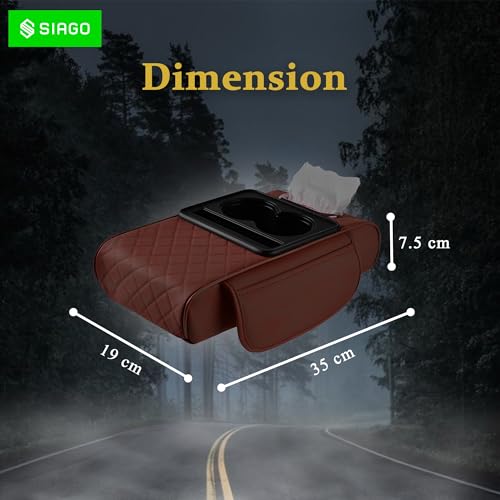 SIAGO SIA399 Premium Car Armrest Cover | 5-in-1 Center Console Organizer with Cup Holder, Phone Slot, & Storage Bags | Anti-Slip PU Leather Cushion for Sedans & SUVs (Brown) - Image 2