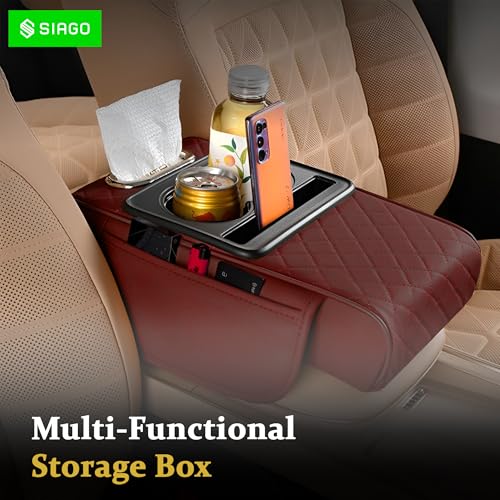 SIAGO SIA399 Premium Car Armrest Cover | 5-in-1 Center Console Organizer with Cup Holder, Phone Slot, & Storage Bags | Anti-Slip PU Leather Cushion for Sedans & SUVs (Brown) - Image 4