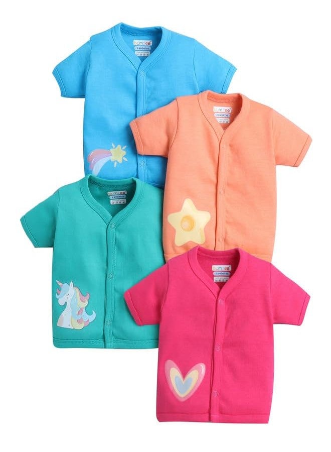 BUMZEE Baby Girls Cotton Pack of 4 Front Open Jablas Half Sleeves Blue & Pink - 9-12 Months (Peb10548E-blu) - Image 1
