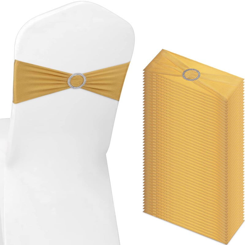 Tegeme 80 Pieces Chair Sashes  Bows  Stretch Spandex Chair Cover Band with Buckle for Wedding Hotel Banquet Birthday Party  Home Bulk DecorationsGold