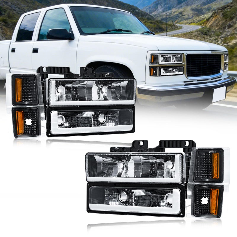 Fullux LED DRL Headlights Coner Lights for 1994-1999 Chevy C/K 1500 2500 Suburban / C1500 C2500 C3500 K1500 K2500 K3500 / 1995-1999 Tahoe/for 1994 Chevy Blazer Black Housing Amber Reflector - Image 1