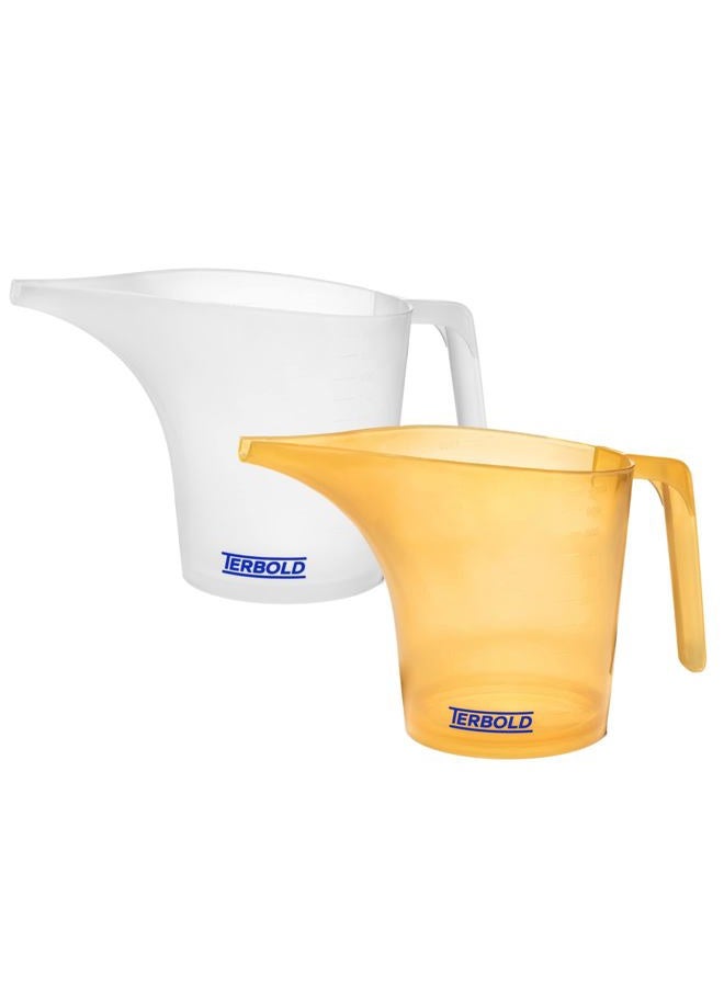 Terbold Funnel Pitcher 1 Liter (Set of 2) | 1000mL Plastic Measuring Pitchers with Funnel Spouts in Clear and Yellow for separate Garage and Home Use - Image 1
