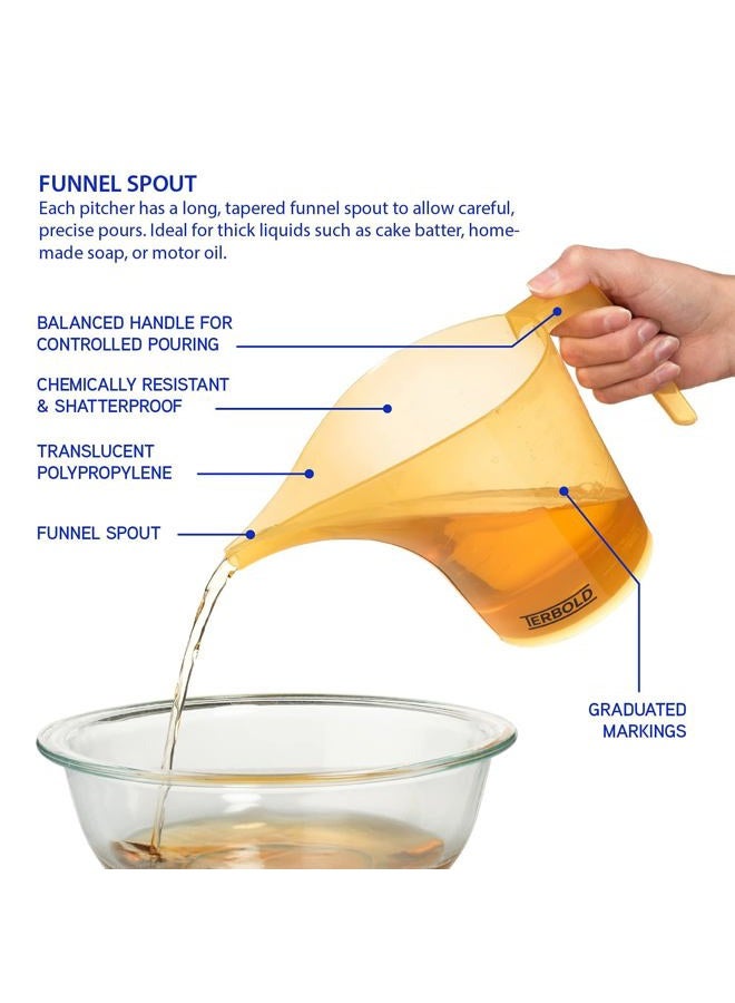 Terbold Funnel Pitcher 1 Liter (Set of 2) | 1000mL Plastic Measuring Pitchers with Funnel Spouts in Clear and Yellow for separate Garage and Home Use - Image 3