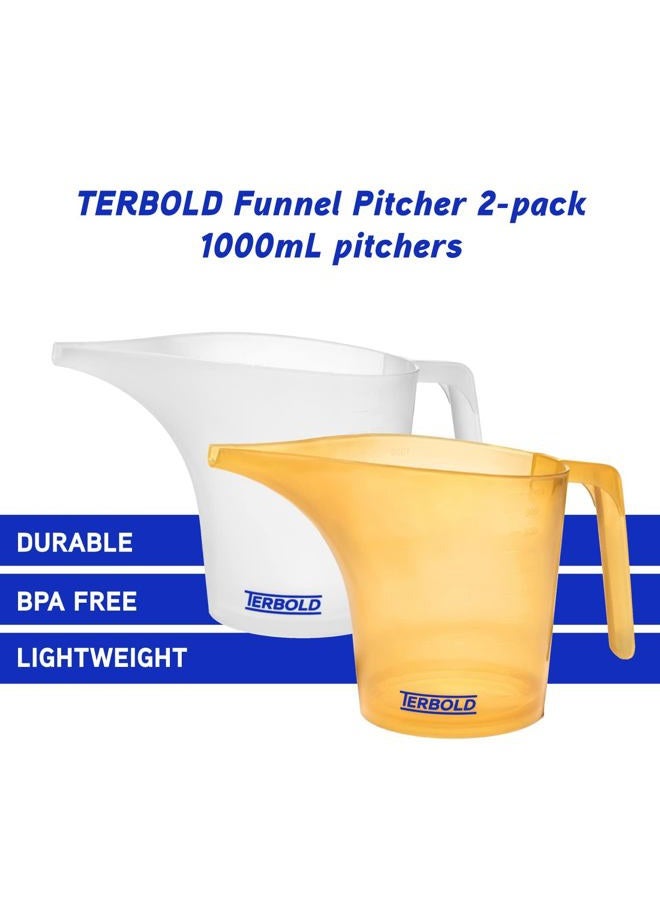 Terbold Funnel Pitcher 1 Liter (Set of 2) | 1000mL Plastic Measuring Pitchers with Funnel Spouts in Clear and Yellow for separate Garage and Home Use - Image 2