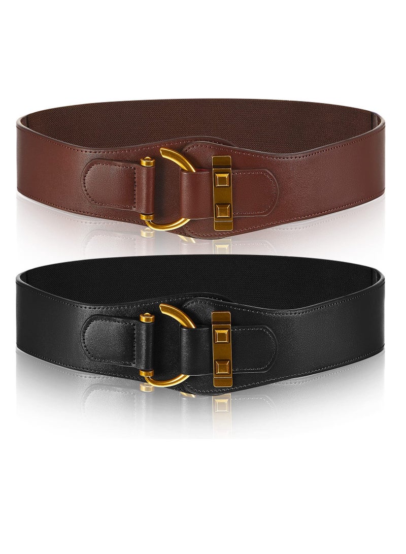Women's Vintage Wide Belt Leather Stretchy Belt with Interlock Buckle Retro Cinch Belt Waist Belt for Women Dress 2 Pcs - Image 1