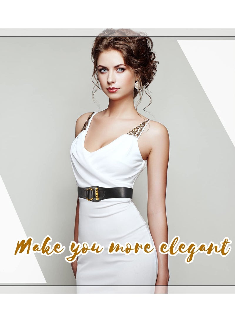 Women's Vintage Wide Belt Leather Stretchy Belt with Interlock Buckle Retro Cinch Belt Waist Belt for Women Dress 2 Pcs - Image 3