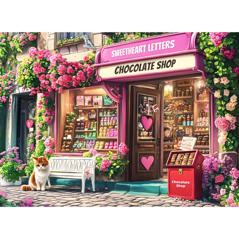 WSCXSC Jigsaw Puzzles 300 Pieces for Adults,Chocolate Shop 300 Piece Puzzles,Cat Puzzle for Kids Adult Senior,Pink Flowers Challenging Puzzles Family Activity Great Gift Home Decor 20.5x15 in - Image 1