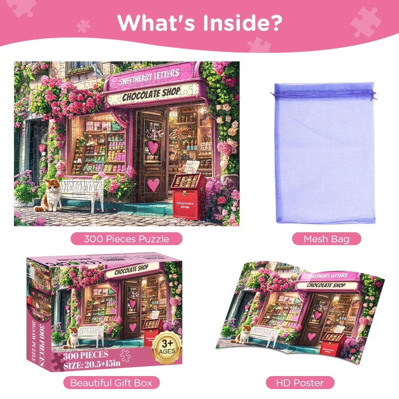 WSCXSC Jigsaw Puzzles 300 Pieces for Adults,Chocolate Shop 300 Piece Puzzles,Cat Puzzle for Kids Adult Senior,Pink Flowers Challenging Puzzles Family Activity Great Gift Home Decor 20.5x15 in - Image 2